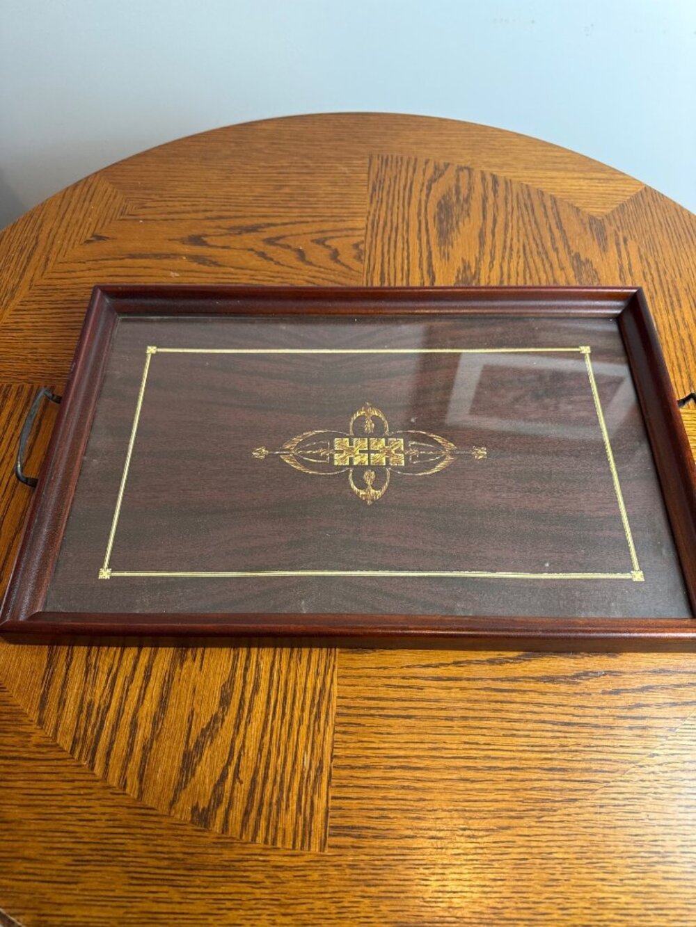 Vintage Folk Art Wood Grain Serving Tea Tray with Glass Top Art Deco